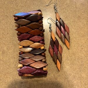 Boho wooden bracelet and earrings from Costa Rica.